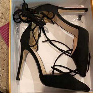 Lace up black suede heels